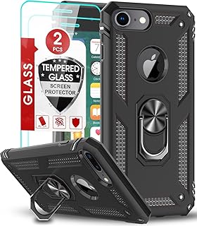 LeYi iPhone 8/7/6s/6 Case with [2-Pack] Tempered Glass, Military-Grade, Kickstand Ring - Black